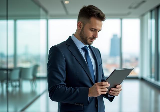 Modern business professional reviewing digital compliance reports in a sunlit office